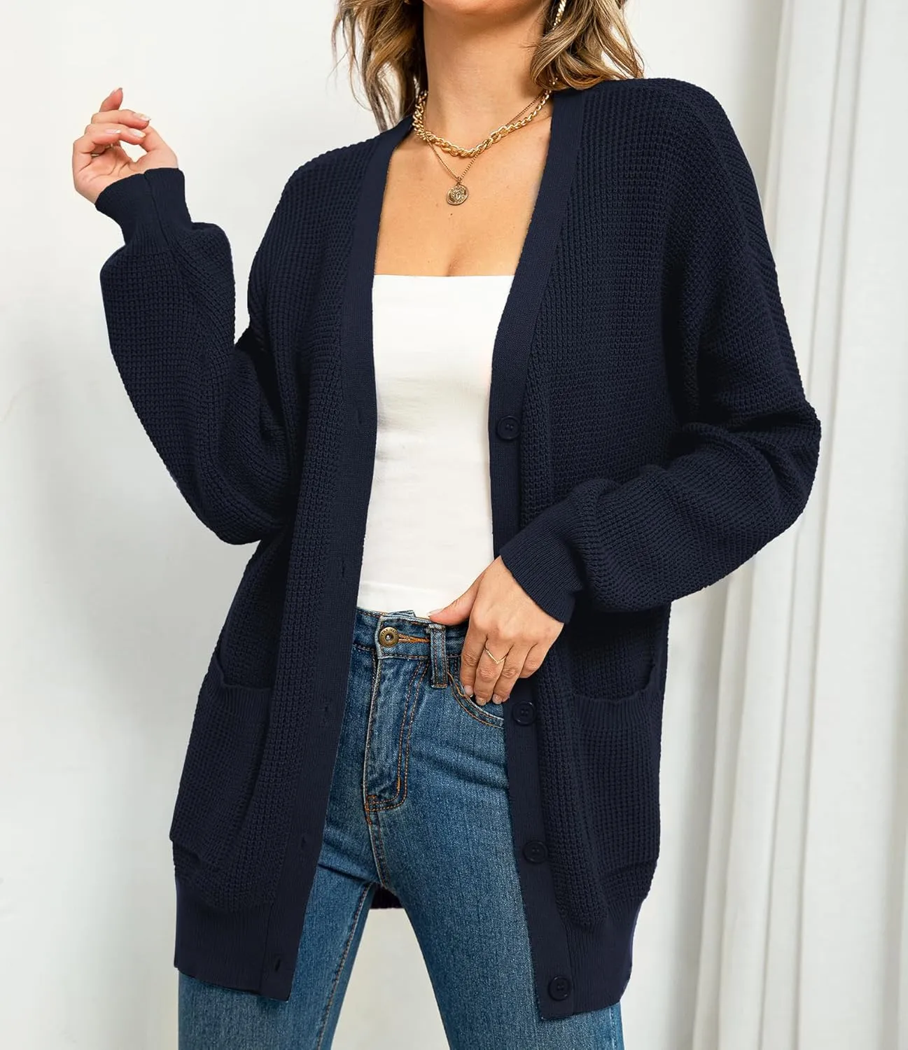QUALFORT Women's 100% Cotton Cardigan Sweaters for Women Button Down Oversized Knit Outerwear with Pockets