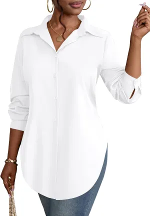 Rooscier Women's Collar V Neck Long Sleeve Slit Side Button Down Long Shirt Blouse Top