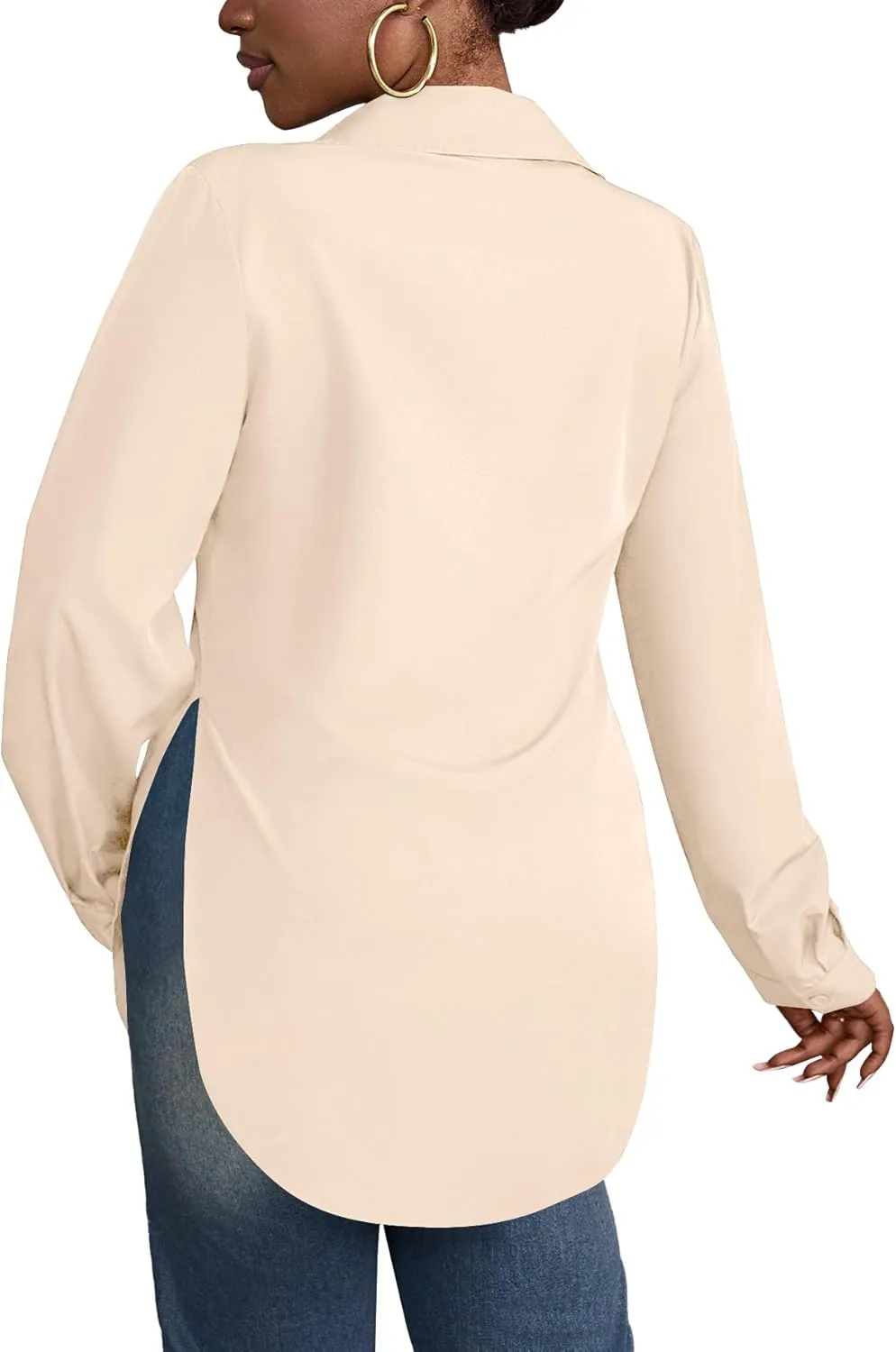 Rooscier Women's Collar V Neck Long Sleeve Slit Side Button Down Long Shirt Blouse Top