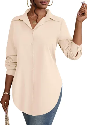 Rooscier Women's Collar V Neck Long Sleeve Slit Side Button Down Long Shirt Blouse Top