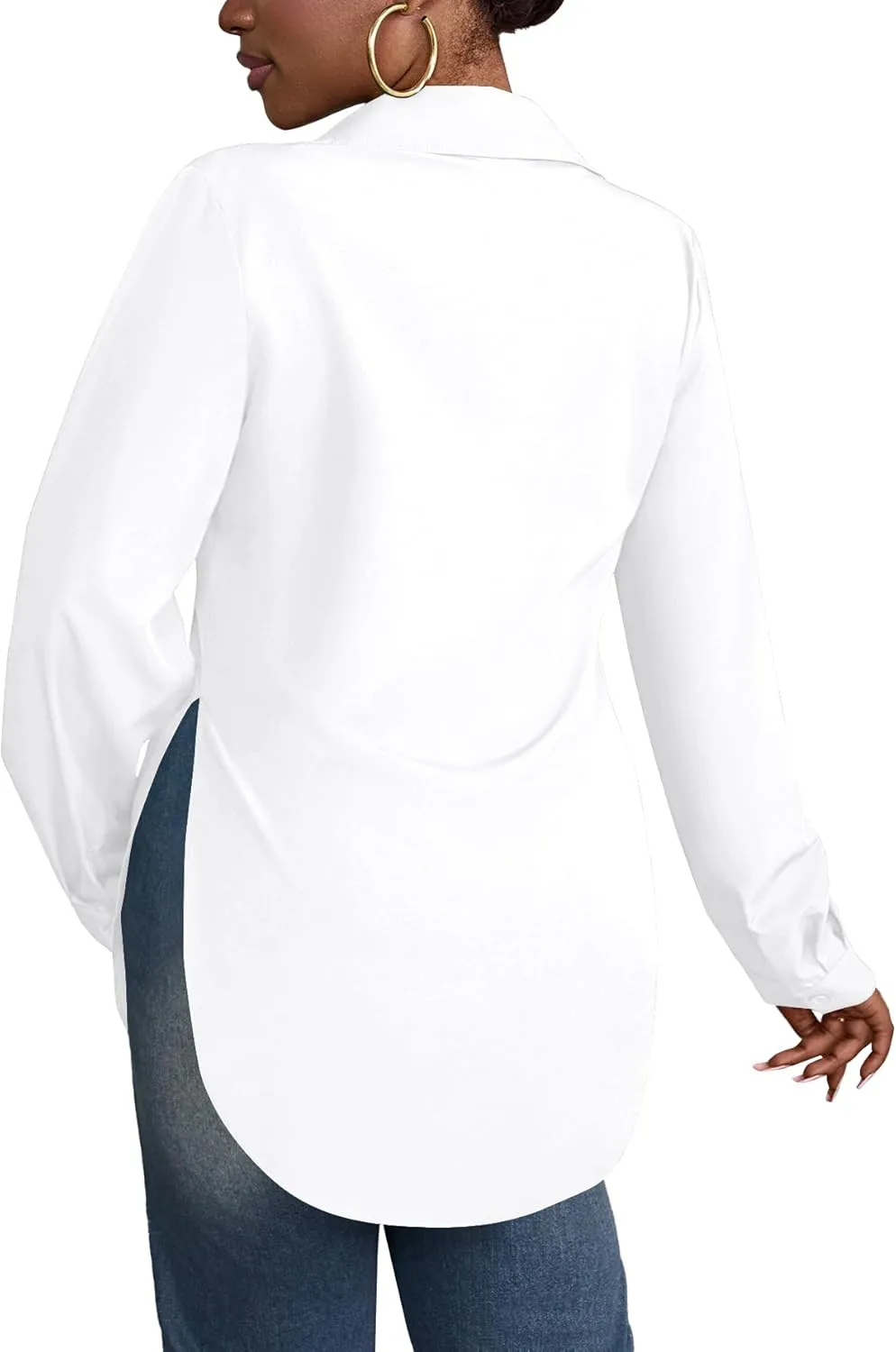 Rooscier Women's Collar V Neck Long Sleeve Slit Side Button Down Long Shirt Blouse Top