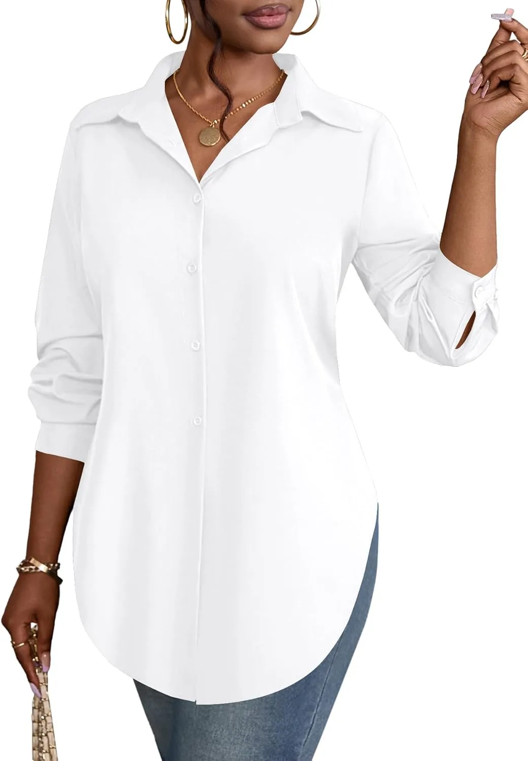 Rooscier Women's Collar V Neck Long Sleeve Slit Side Button Down Long Shirt Blouse Top