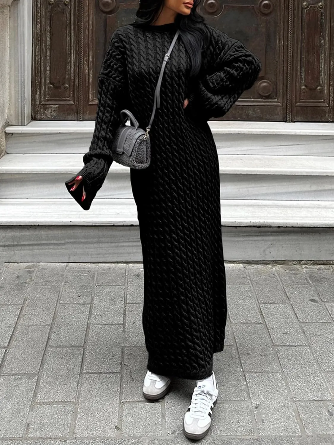 Saodimallsu Womens Oversized Cable Knit Sweater Dress Drop Shoulder Long Sleeve Loose Fall Midi Pullover Sweater Dresses