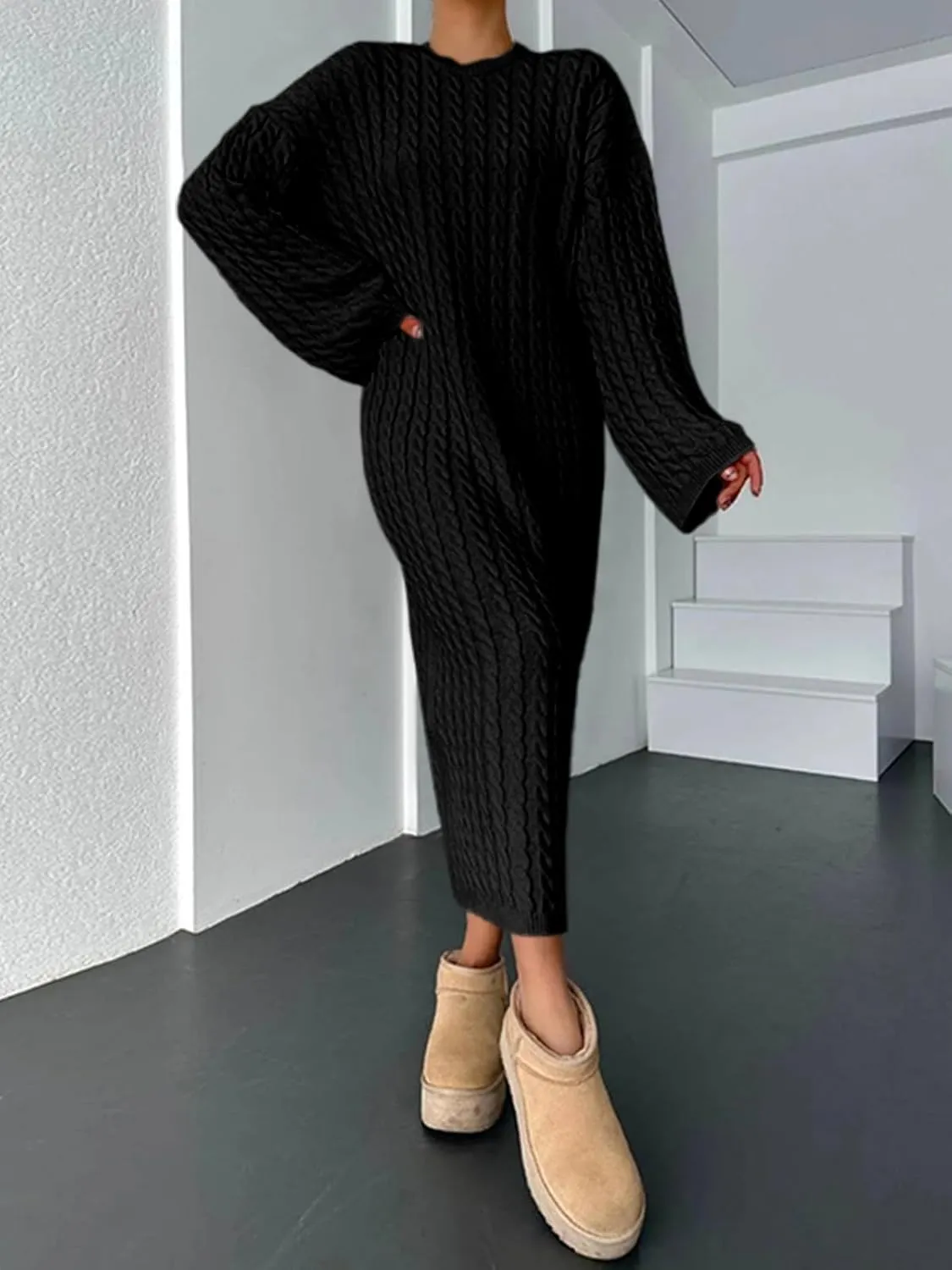 Saodimallsu Womens Oversized Cable Knit Sweater Dress Drop Shoulder Long Sleeve Loose Fall Midi Pullover Sweater Dresses
