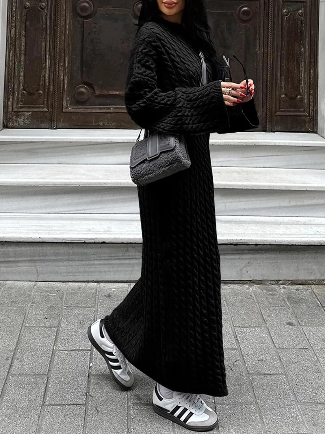 Saodimallsu Womens Oversized Cable Knit Sweater Dress Drop Shoulder Long Sleeve Loose Fall Midi Pullover Sweater Dresses