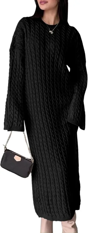 Saodimallsu Womens Oversized Cable Knit Sweater Dress Drop Shoulder Long Sleeve Loose Fall Midi Pullover Sweater Dresses