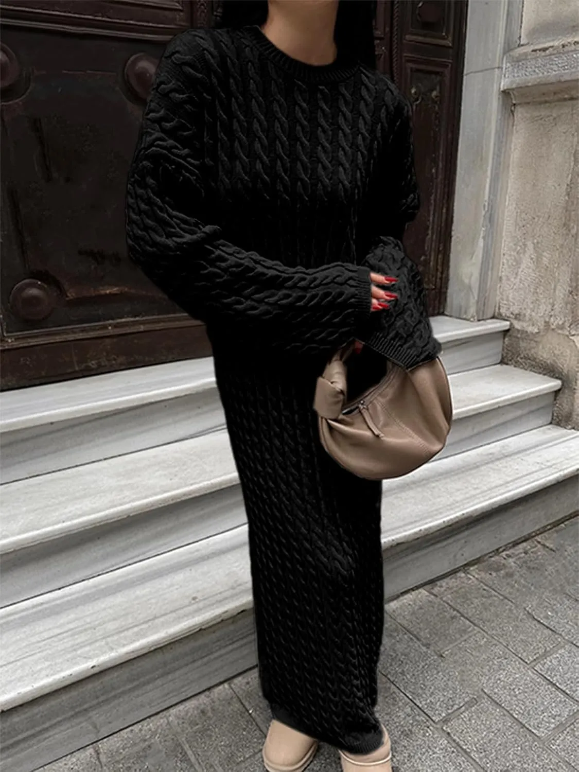 Saodimallsu Womens Oversized Cable Knit Sweater Dress Drop Shoulder Long Sleeve Loose Fall Midi Pullover Sweater Dresses