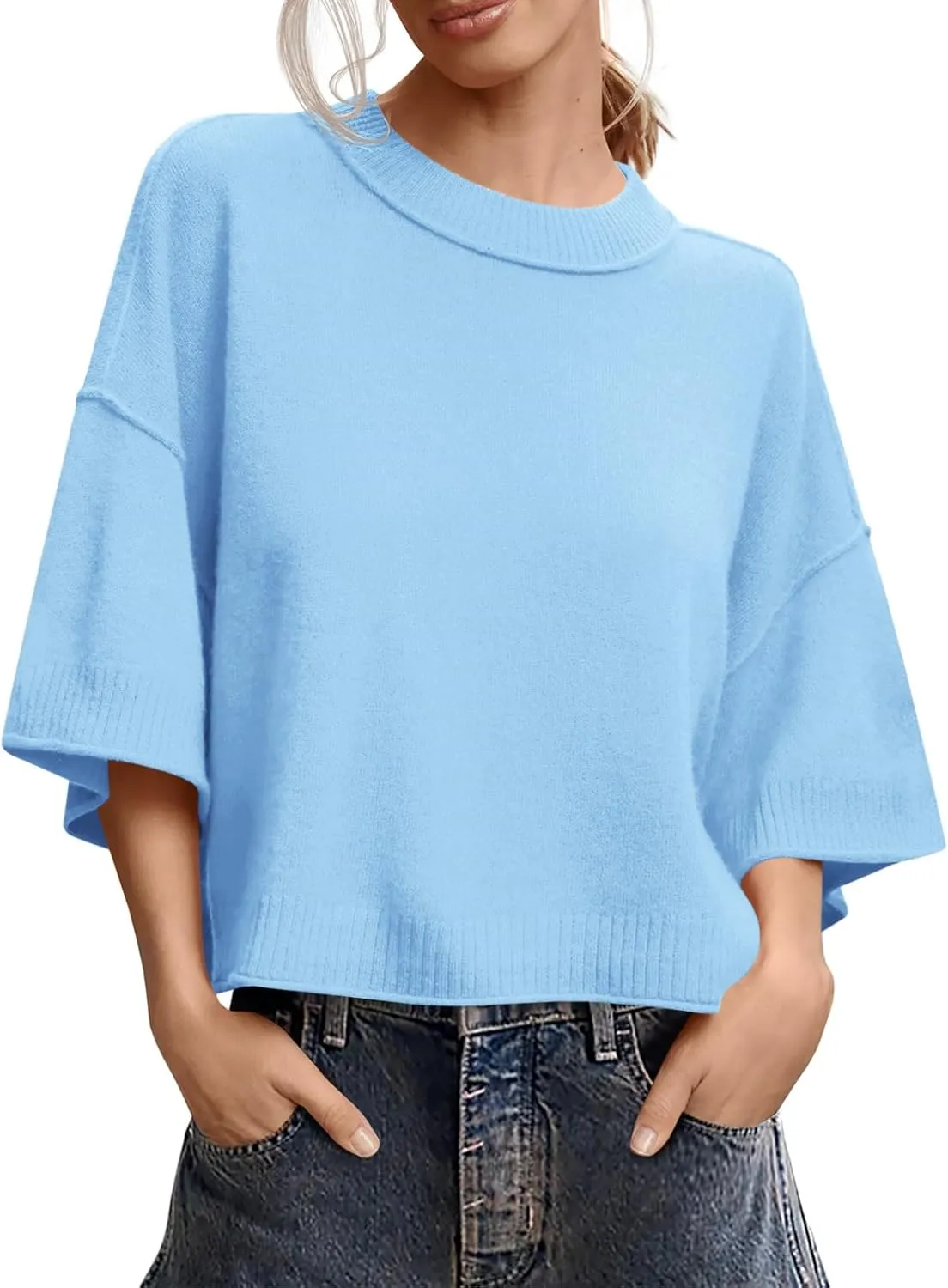 Saodimallsu Womens Short Sleeve Sweater Summer Oversized Cropped Sweaters Casual Crewneck Lightweight Knit Tops