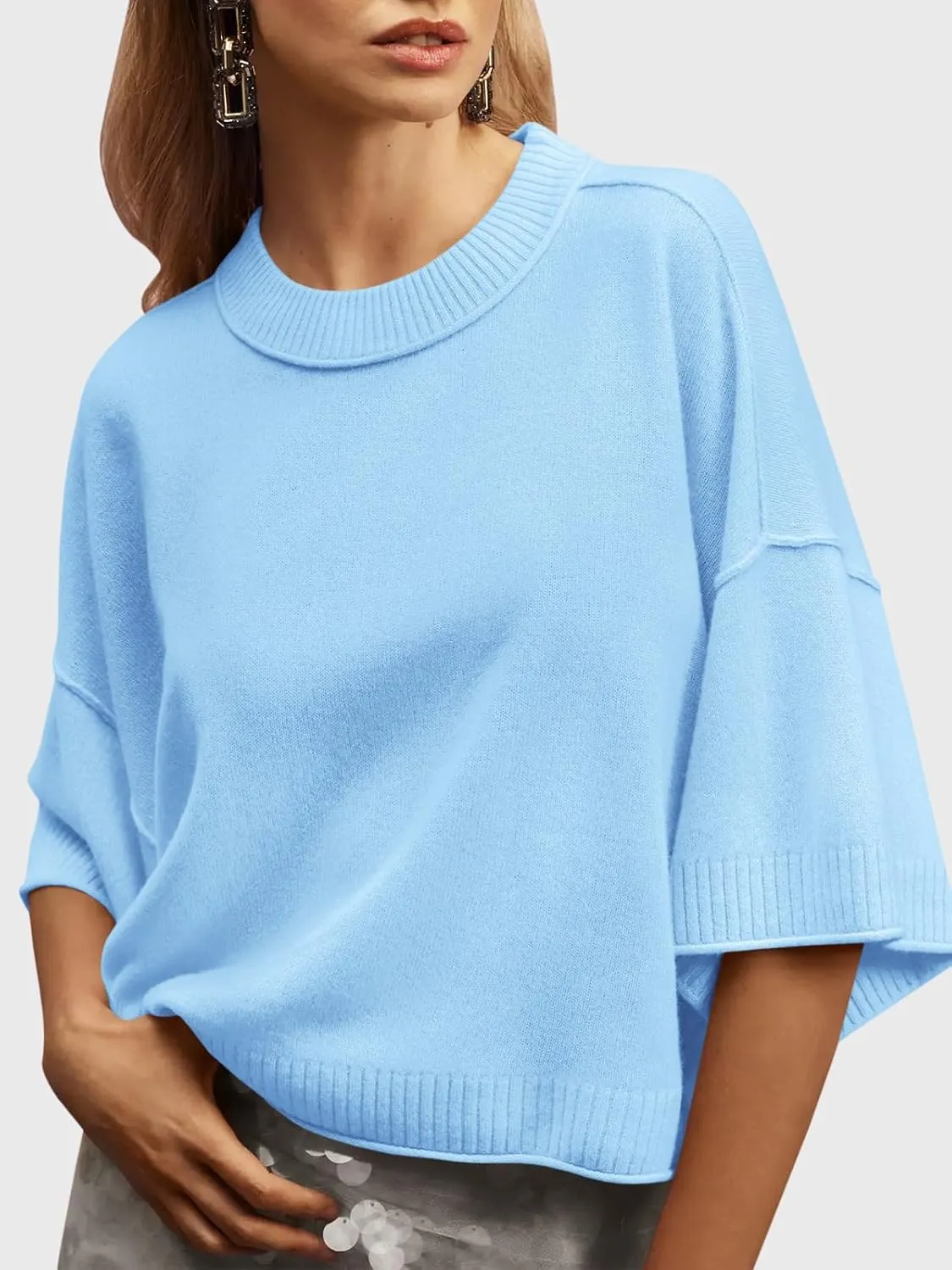 Saodimallsu Womens Short Sleeve Sweater Summer Oversized Cropped Sweaters Casual Crewneck Lightweight Knit Tops