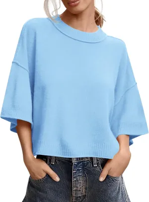 Saodimallsu Womens Short Sleeve Sweater Summer Oversized Cropped Sweaters Casual Crewneck Lightweight Knit Tops