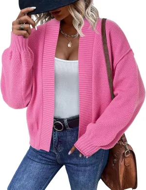 Saodimallsu Womens Waffle Knit Cardigan Puff Long Sleeve Oversized Casual Short Open Front Sweater