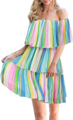 SAUKOLE Women's Casual Off The Shoulder Sleeveless Tiered Ruffle Pleated Short Party Beach Dress
