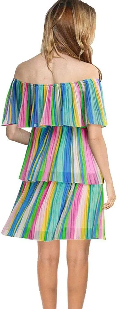 SAUKOLE Women's Casual Off The Shoulder Sleeveless Tiered Ruffle Pleated Short Party Beach Dress