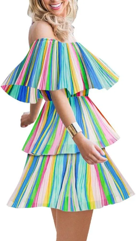 SAUKOLE Women's Casual Off The Shoulder Sleeveless Tiered Ruffle Pleated Short Party Beach Dress