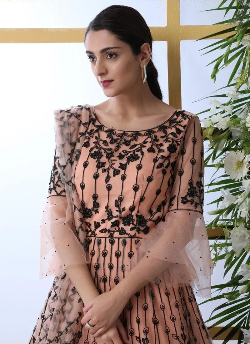 Sensational Peach Colored Soft Net Base Festive Wear Designer Gown