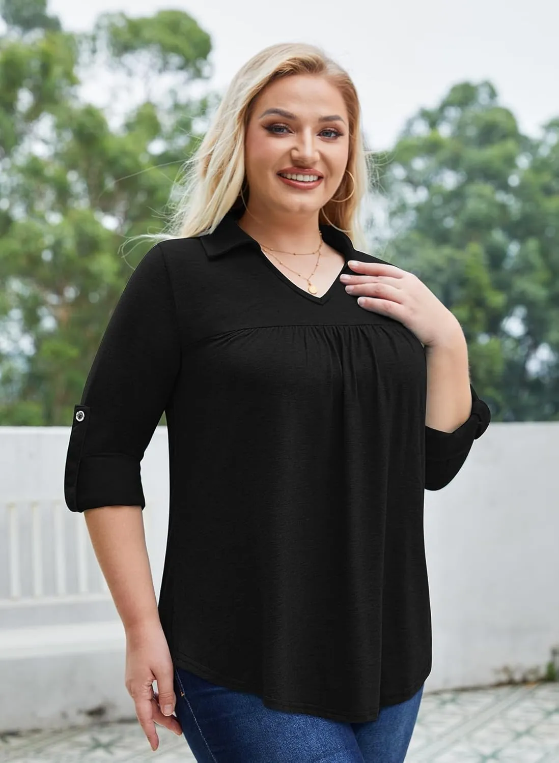 Siddhe Plus Size Tops for Women Collared V Neck Fall Shirts 3/4 Sleeve Blouses T Shirt Dressy Casual Pleated Tunic Tops 1X-5X