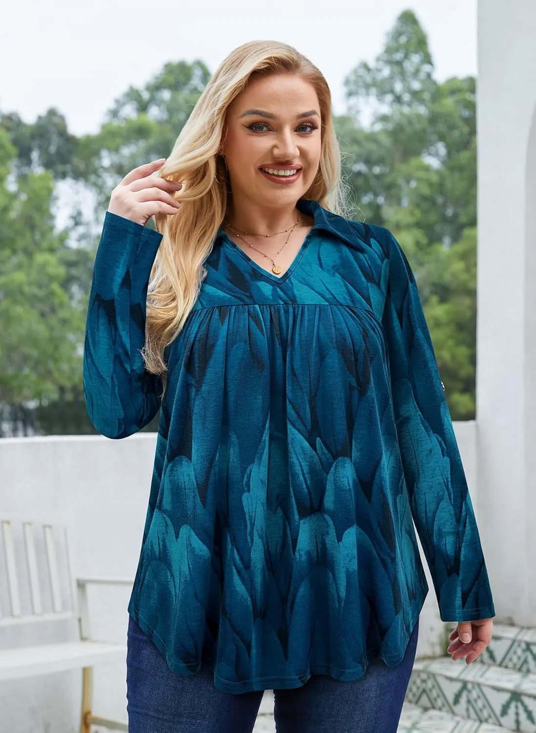 Siddhe Plus Size Tops for Women Collared V Neck Fall Shirts 3/4 Sleeve Blouses T Shirt Dressy Casual Pleated Tunic Tops 1X-5X