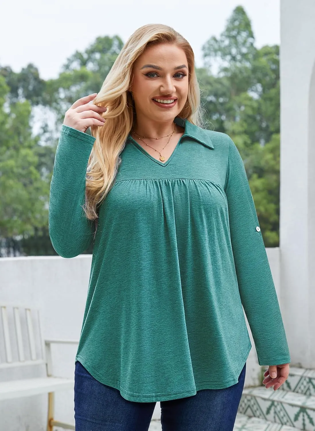 Siddhe Plus Size Tops for Women Collared V Neck Fall Shirts 3/4 Sleeve Blouses T Shirt Dressy Casual Pleated Tunic Tops 1X-5X