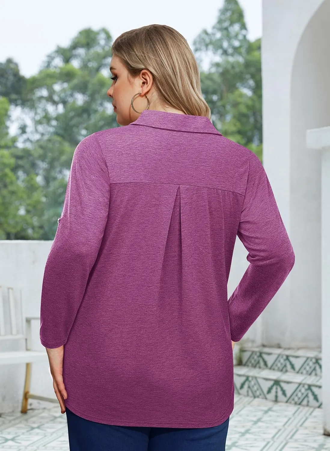 Siddhe Plus Size Tops for Women Collared V Neck Fall Shirts 3/4 Sleeve Blouses T Shirt Dressy Casual Pleated Tunic Tops 1X-5X