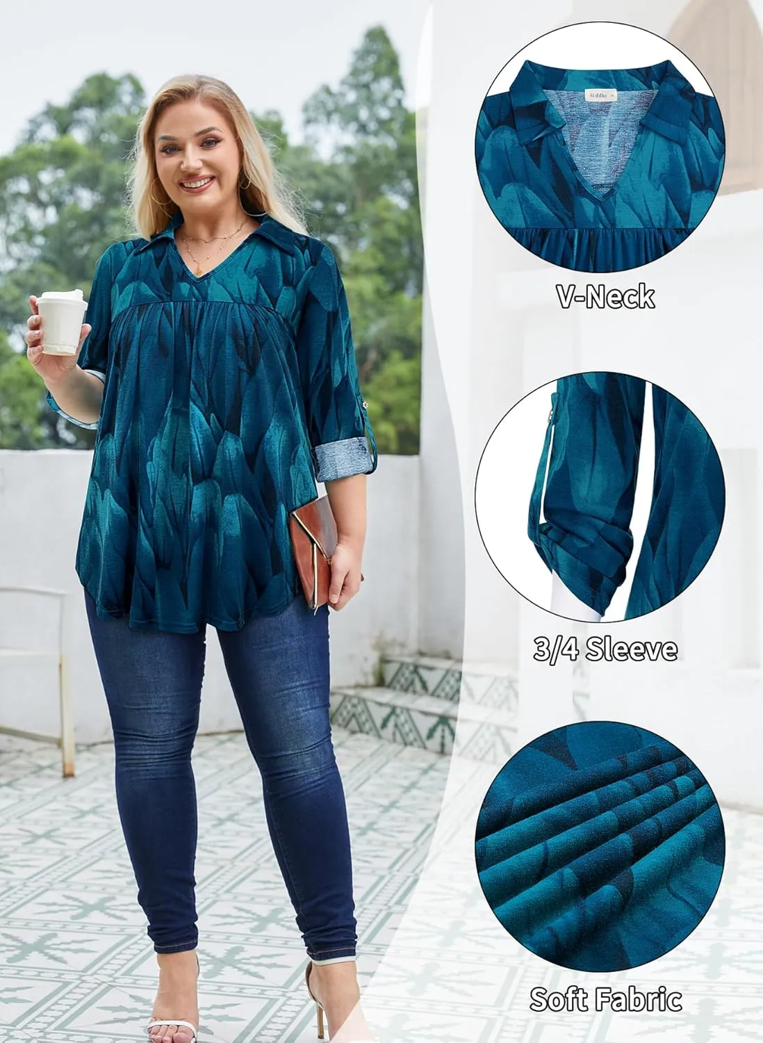 Siddhe Plus Size Tops for Women Collared V Neck Fall Shirts 3/4 Sleeve Blouses T Shirt Dressy Casual Pleated Tunic Tops 1X-5X