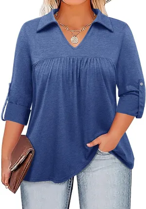 Siddhe Plus Size Tops for Women Collared V Neck Fall Shirts 3/4 Sleeve Blouses T Shirt Dressy Casual Pleated Tunic Tops 1X-5X