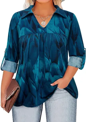 Siddhe Plus Size Tops for Women Collared V Neck Fall Shirts 3/4 Sleeve Blouses T Shirt Dressy Casual Pleated Tunic Tops 1X-5X