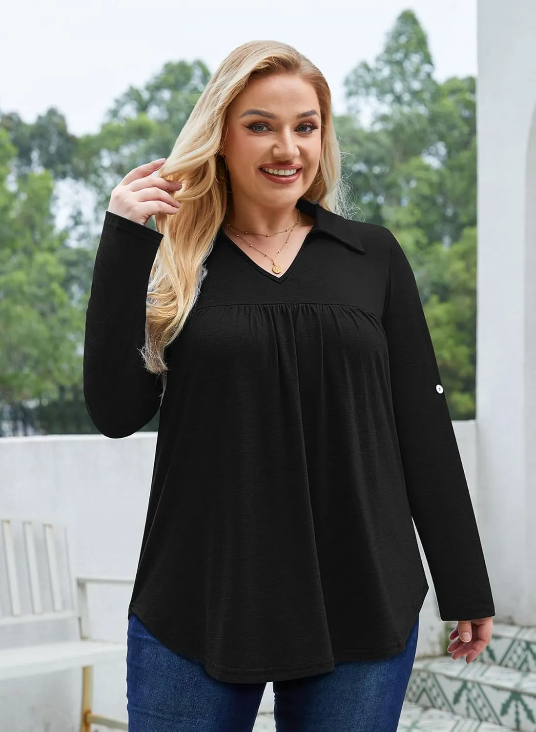 Siddhe Plus Size Tops for Women Collared V Neck Fall Shirts 3/4 Sleeve Blouses T Shirt Dressy Casual Pleated Tunic Tops 1X-5X