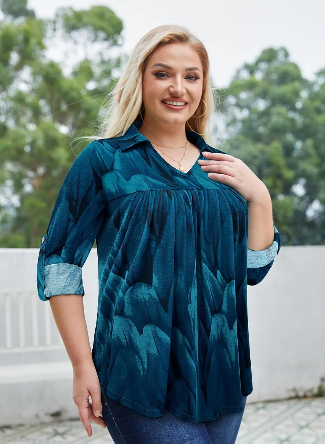 Siddhe Plus Size Tops for Women Collared V Neck Fall Shirts 3/4 Sleeve Blouses T Shirt Dressy Casual Pleated Tunic Tops 1X-5X