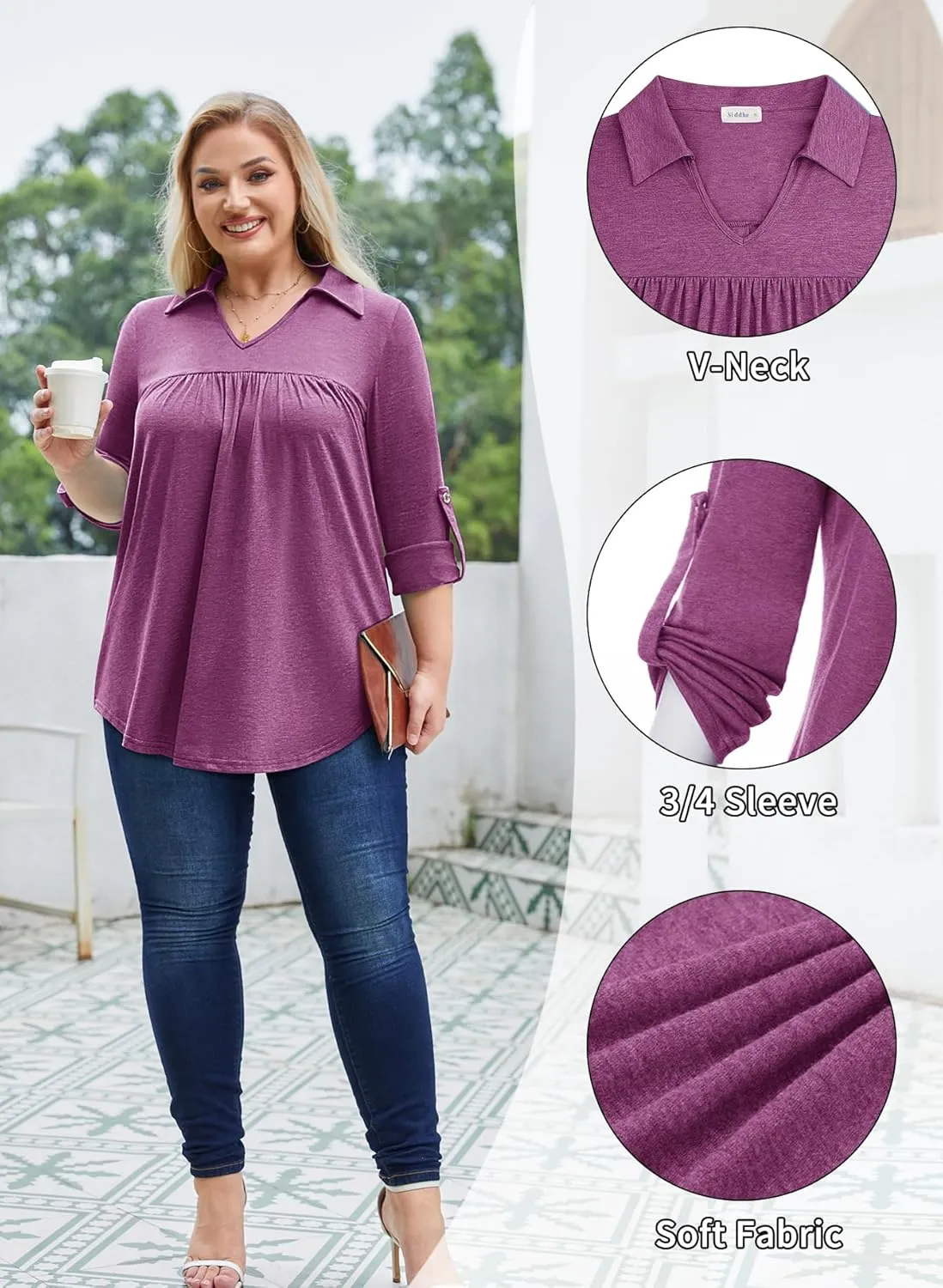 Siddhe Plus Size Tops for Women Collared V Neck Fall Shirts 3/4 Sleeve Blouses T Shirt Dressy Casual Pleated Tunic Tops 1X-5X