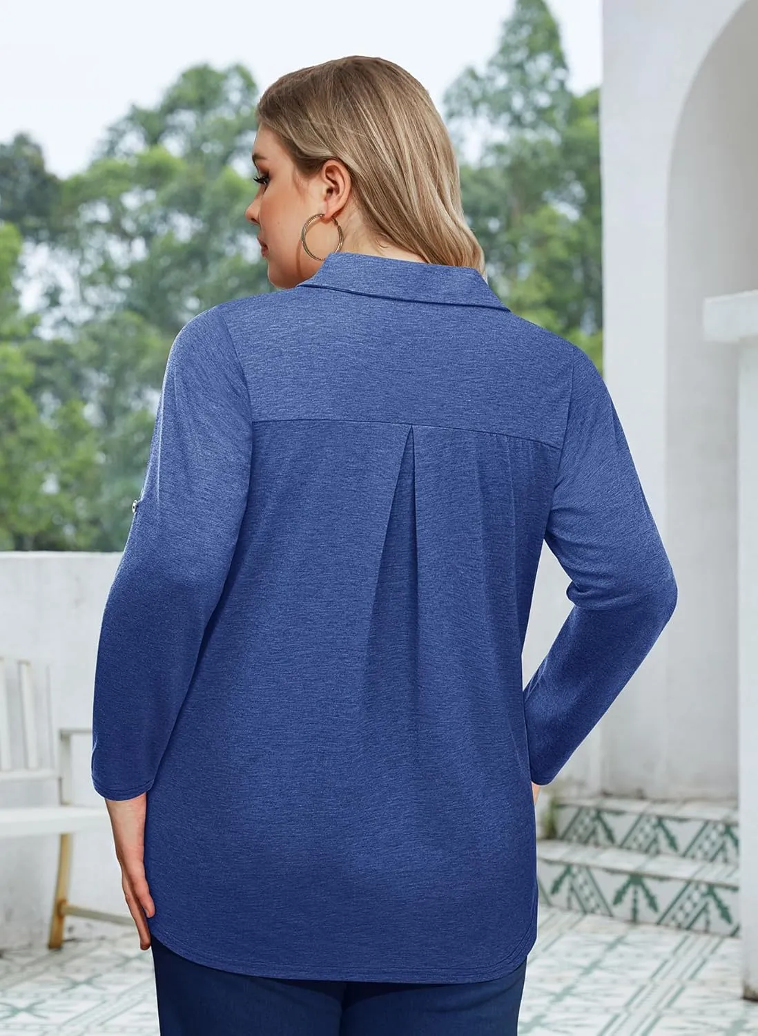 Siddhe Plus Size Tops for Women Collared V Neck Fall Shirts 3/4 Sleeve Blouses T Shirt Dressy Casual Pleated Tunic Tops 1X-5X