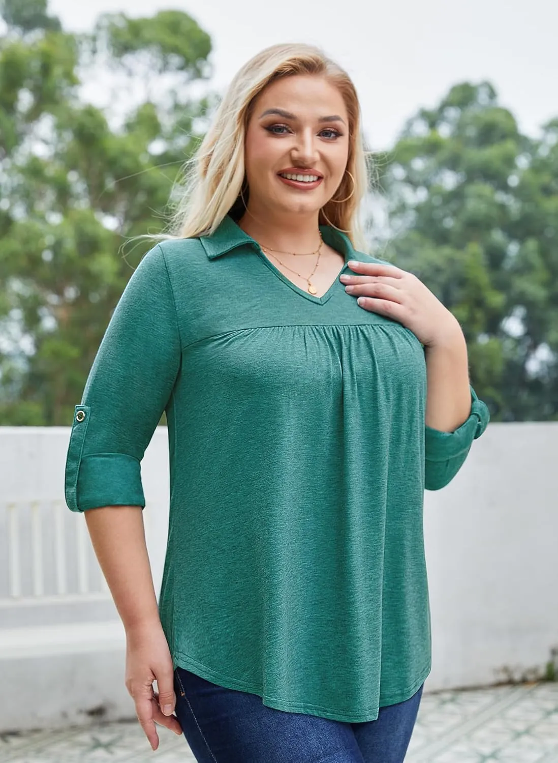 Siddhe Plus Size Tops for Women Collared V Neck Fall Shirts 3/4 Sleeve Blouses T Shirt Dressy Casual Pleated Tunic Tops 1X-5X