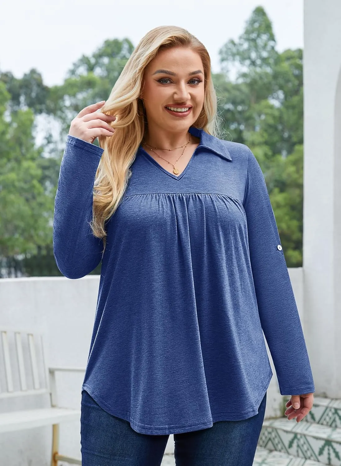 Siddhe Plus Size Tops for Women Collared V Neck Fall Shirts 3/4 Sleeve Blouses T Shirt Dressy Casual Pleated Tunic Tops 1X-5X
