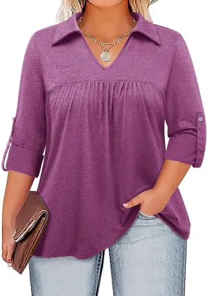 Siddhe Plus Size Tops for Women Collared V Neck Fall Shirts 3/4 Sleeve Blouses T Shirt Dressy Casual Pleated Tunic Tops 1X-5X