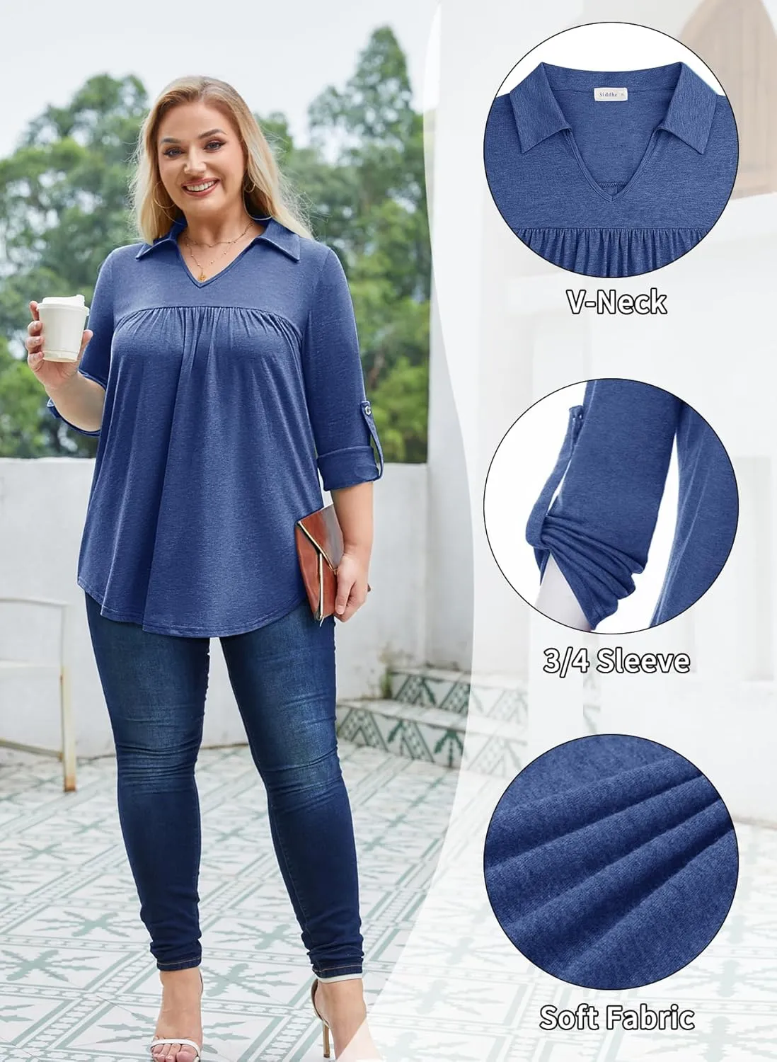 Siddhe Plus Size Tops for Women Collared V Neck Fall Shirts 3/4 Sleeve Blouses T Shirt Dressy Casual Pleated Tunic Tops 1X-5X