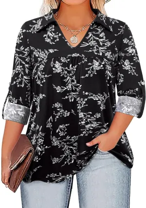 Siddhe Plus Size Tops for Women Collared V Neck Fall Shirts 3/4 Sleeve Blouses T Shirt Dressy Casual Pleated Tunic Tops 1X-5X
