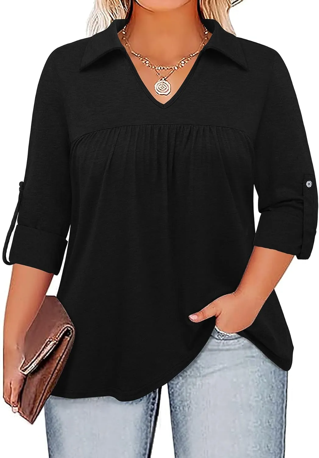 Siddhe Plus Size Tops for Women Collared V Neck Fall Shirts 3/4 Sleeve Blouses T Shirt Dressy Casual Pleated Tunic Tops 1X-5X