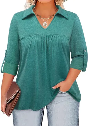 Siddhe Plus Size Tops for Women Collared V Neck Fall Shirts 3/4 Sleeve Blouses T Shirt Dressy Casual Pleated Tunic Tops 1X-5X