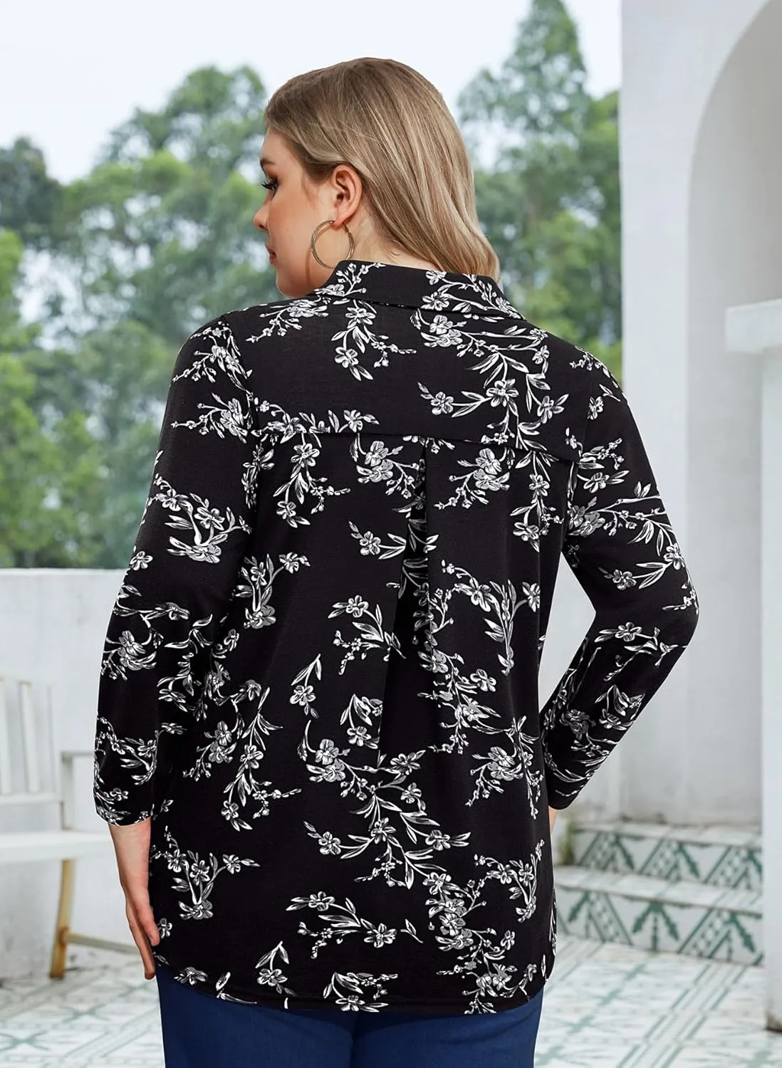 Siddhe Plus Size Tops for Women Collared V Neck Fall Shirts 3/4 Sleeve Blouses T Shirt Dressy Casual Pleated Tunic Tops 1X-5X