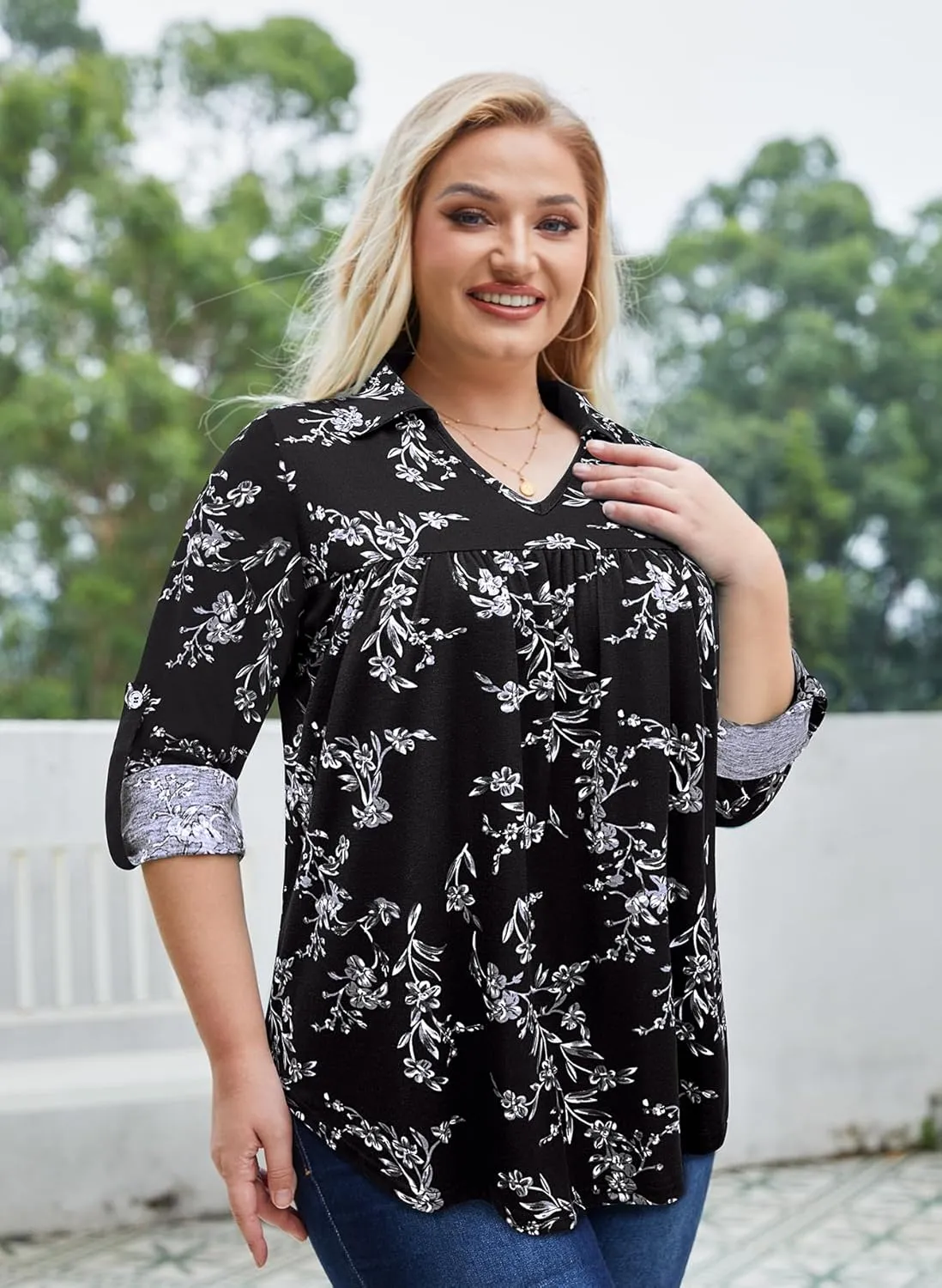 Siddhe Plus Size Tops for Women Collared V Neck Fall Shirts 3/4 Sleeve Blouses T Shirt Dressy Casual Pleated Tunic Tops 1X-5X