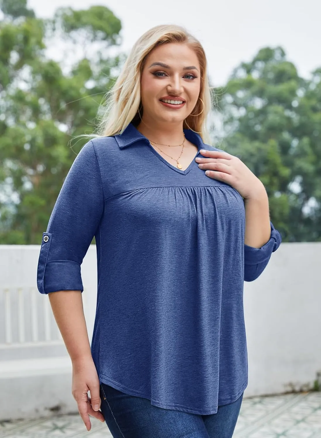 Siddhe Plus Size Tops for Women Collared V Neck Fall Shirts 3/4 Sleeve Blouses T Shirt Dressy Casual Pleated Tunic Tops 1X-5X