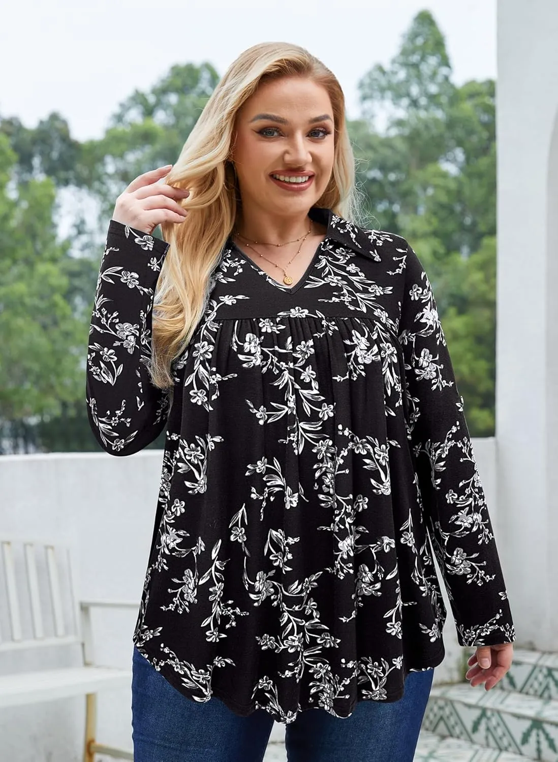 Siddhe Plus Size Tops for Women Collared V Neck Fall Shirts 3/4 Sleeve Blouses T Shirt Dressy Casual Pleated Tunic Tops 1X-5X