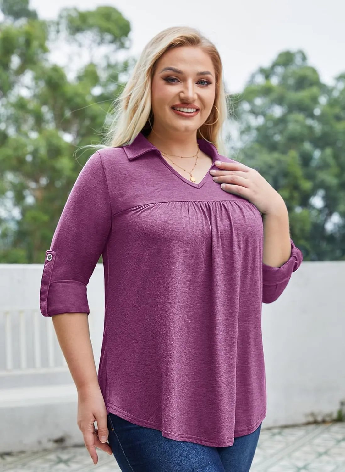Siddhe Plus Size Tops for Women Collared V Neck Fall Shirts 3/4 Sleeve Blouses T Shirt Dressy Casual Pleated Tunic Tops 1X-5X