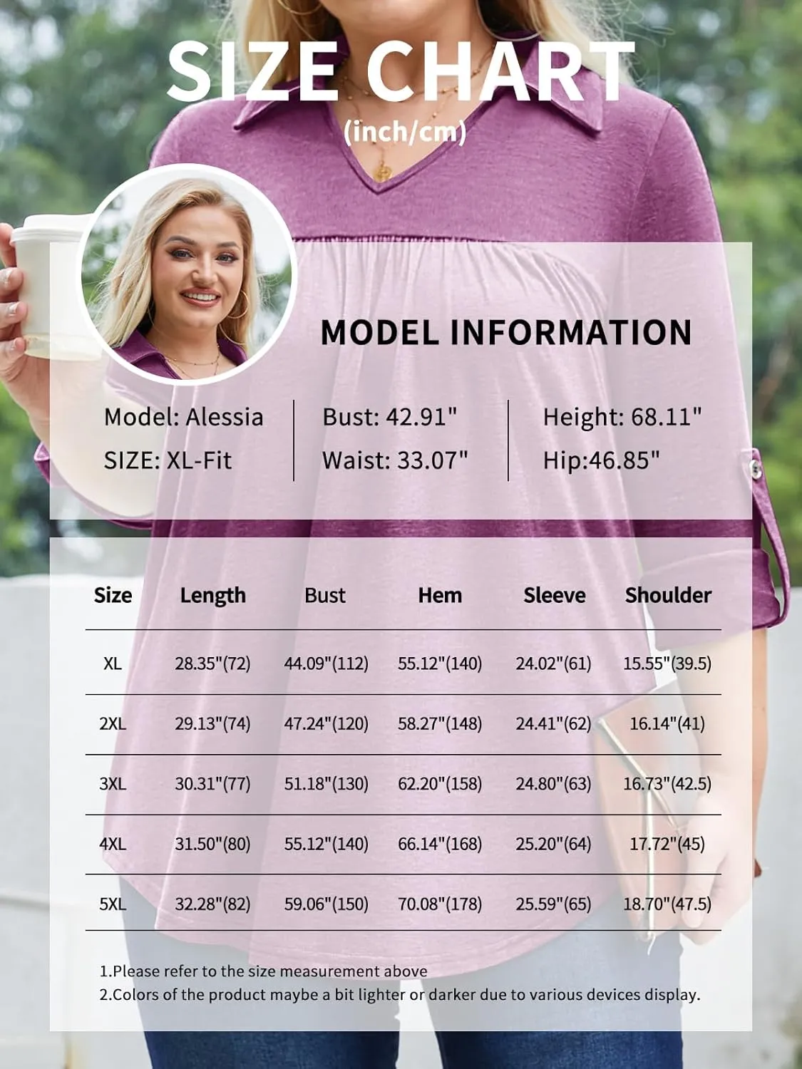 Siddhe Plus Size Tops for Women Collared V Neck Fall Shirts 3/4 Sleeve Blouses T Shirt Dressy Casual Pleated Tunic Tops 1X-5X
