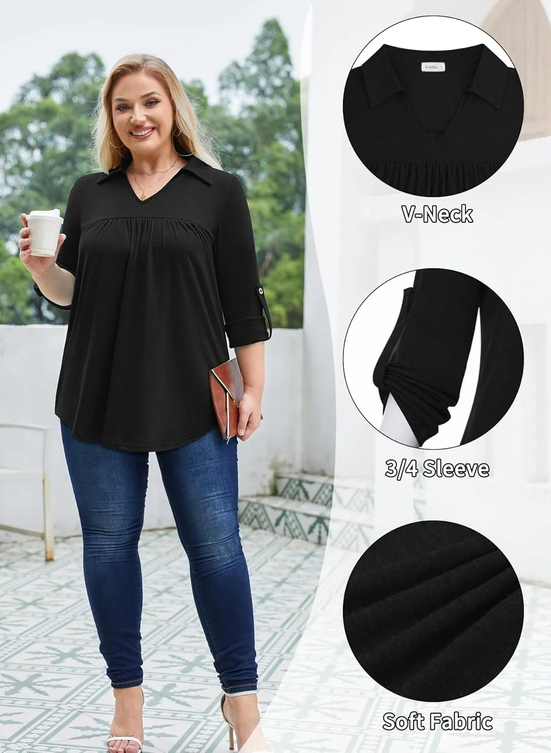 Siddhe Plus Size Tops for Women Collared V Neck Fall Shirts 3/4 Sleeve Blouses T Shirt Dressy Casual Pleated Tunic Tops 1X-5X