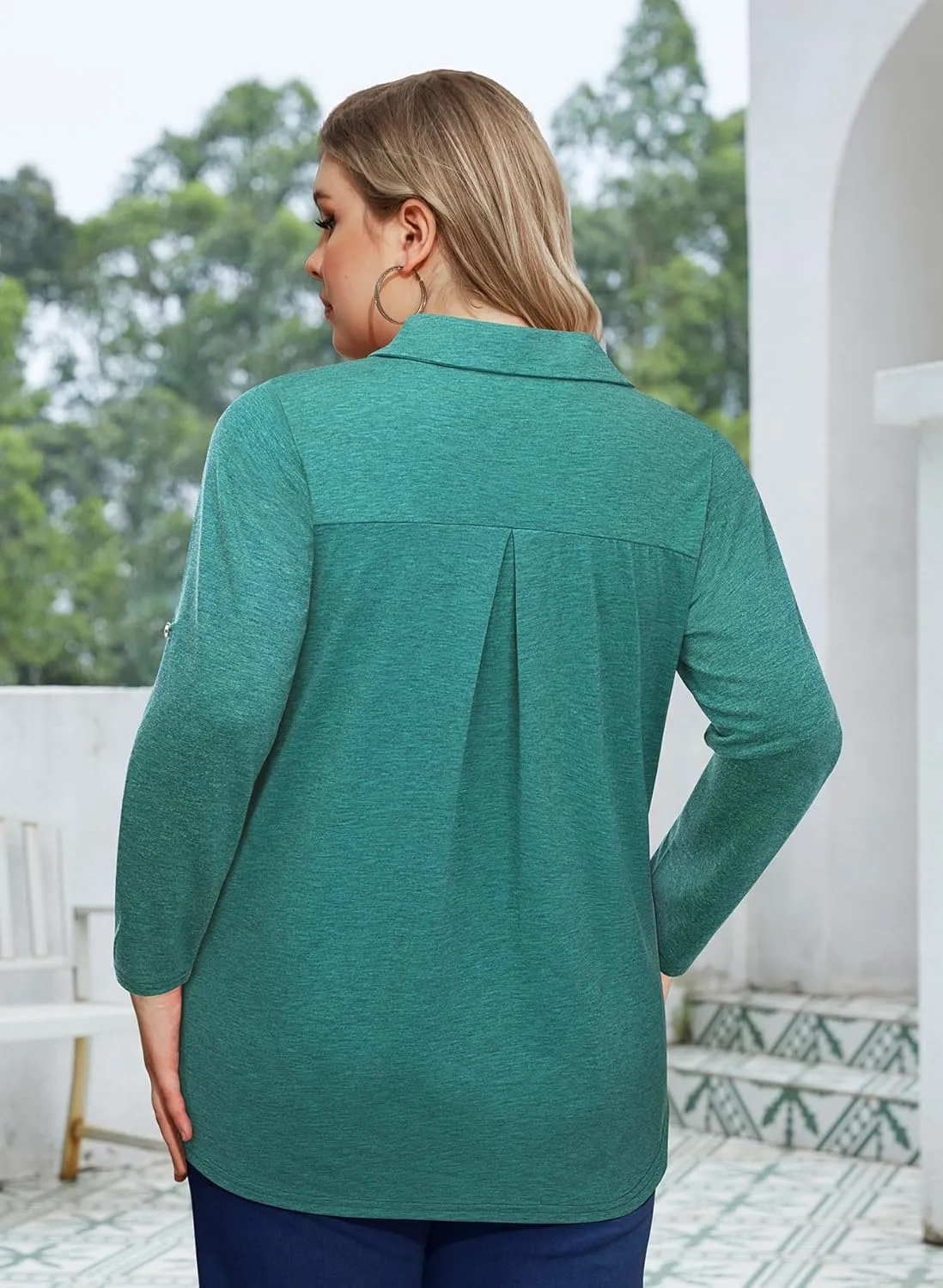 Siddhe Plus Size Tops for Women Collared V Neck Fall Shirts 3/4 Sleeve Blouses T Shirt Dressy Casual Pleated Tunic Tops 1X-5X