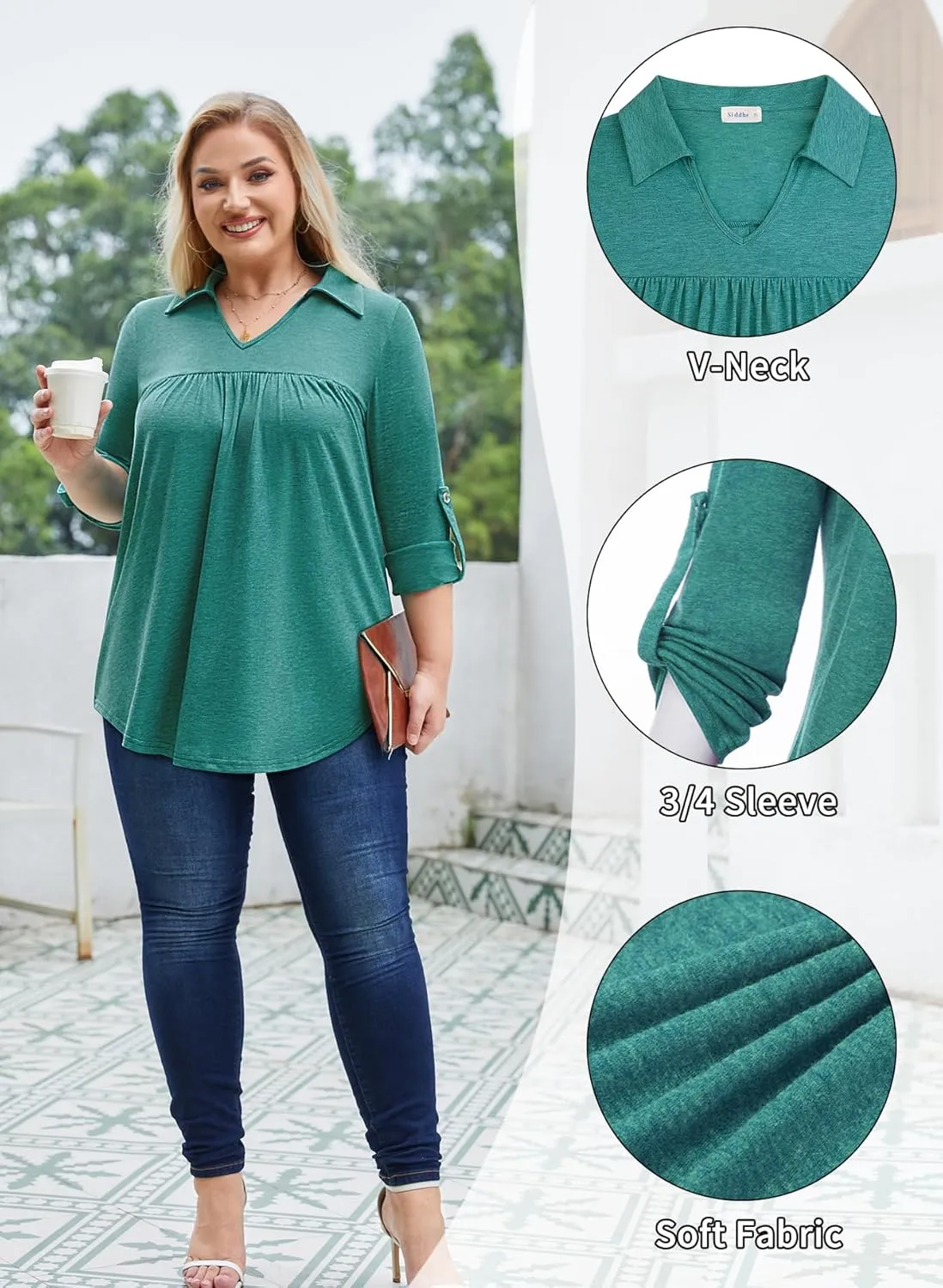Siddhe Plus Size Tops for Women Collared V Neck Fall Shirts 3/4 Sleeve Blouses T Shirt Dressy Casual Pleated Tunic Tops 1X-5X