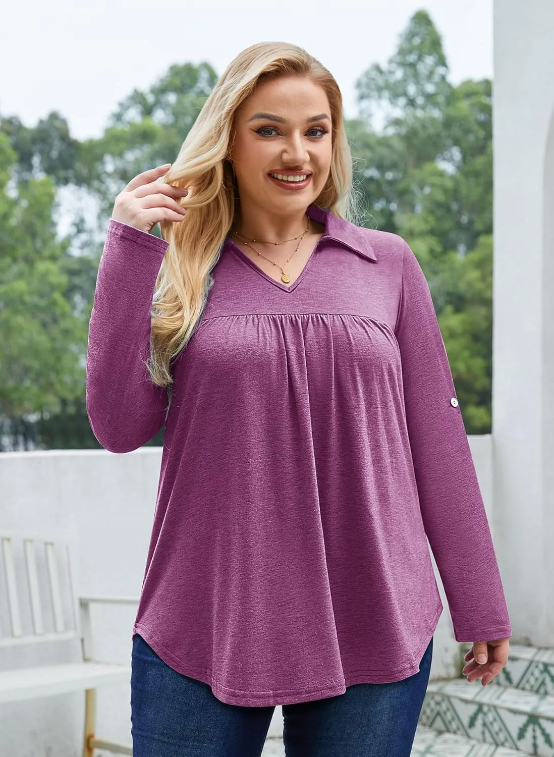 Siddhe Plus Size Tops for Women Collared V Neck Fall Shirts 3/4 Sleeve Blouses T Shirt Dressy Casual Pleated Tunic Tops 1X-5X