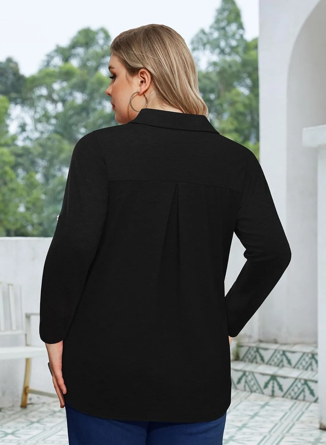 Siddhe Plus Size Tops for Women Collared V Neck Fall Shirts 3/4 Sleeve Blouses T Shirt Dressy Casual Pleated Tunic Tops 1X-5X