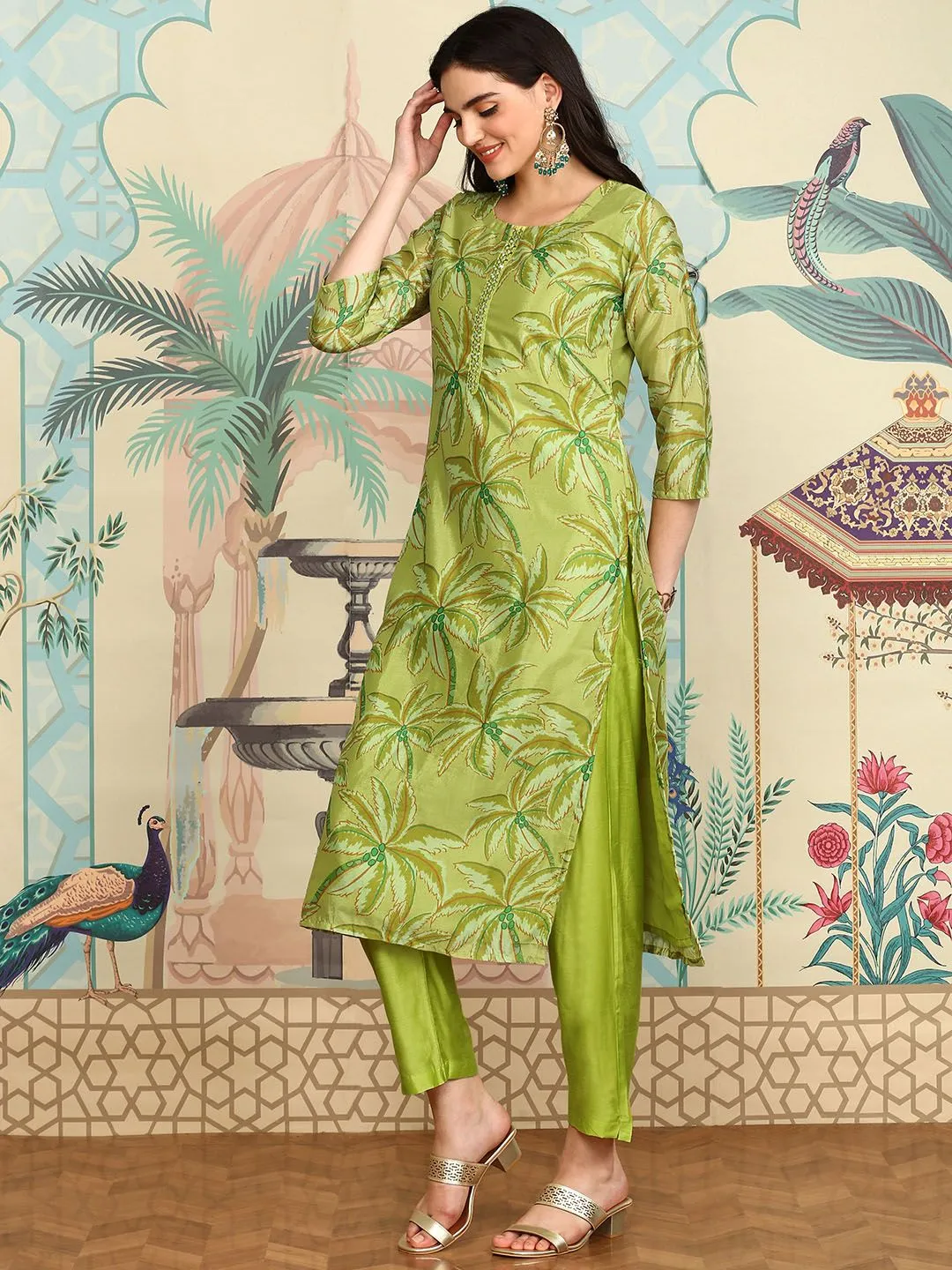 Soft Lime Green Printed Kurta Set with Straight Bottom and Sheer Dupatta