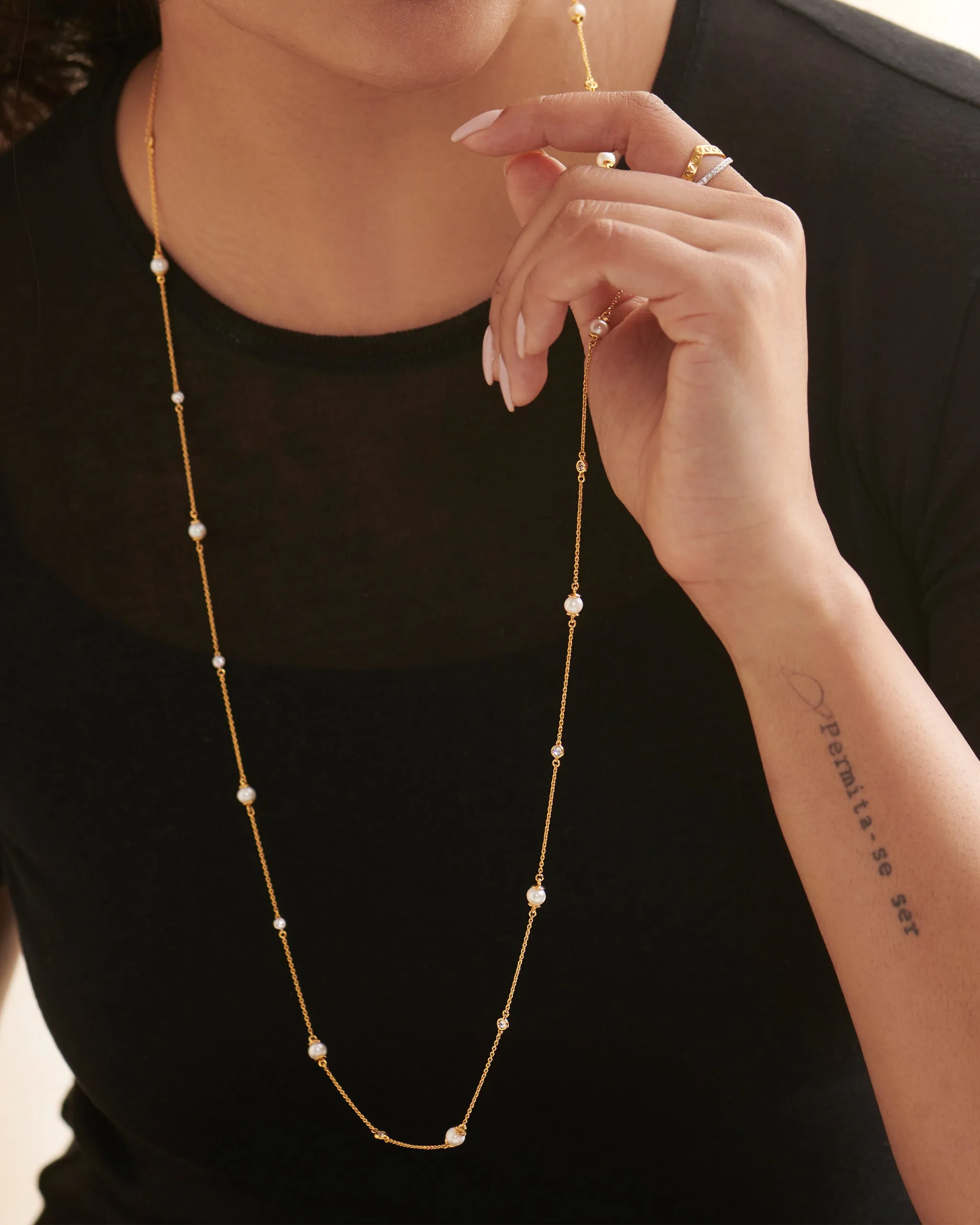Station Pearl Diamond Long Necklace